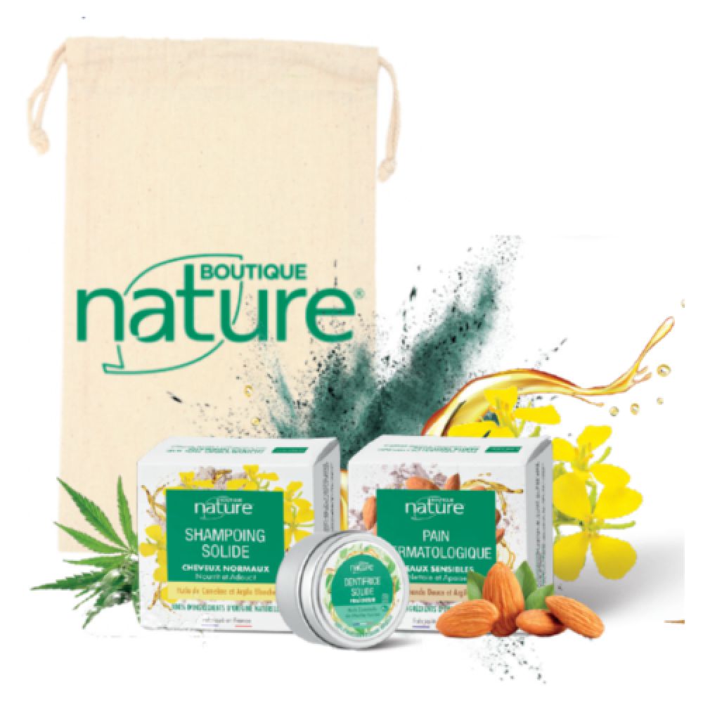 Pochette hygiène solide bio - Shampoing, savon, dentifrice - Boutique Nature